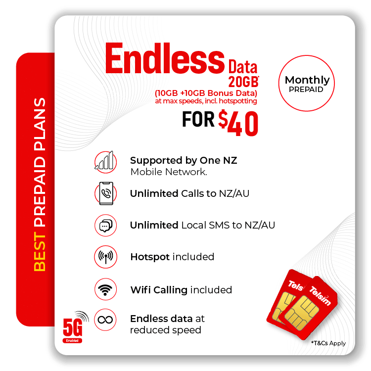 Monthly Prepaid Endless Data Plan features of unlimited AU NZ calls, unlimited local SMS, 5G hotspot on Telsim 10GB plan.