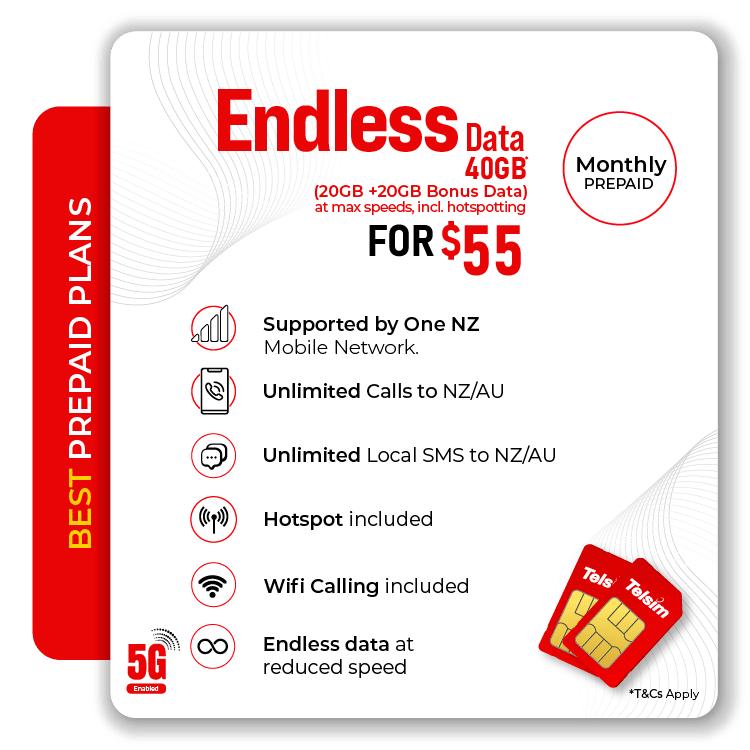 Monthly Prepaid Endless Data Plan features of unlimited AU NZ calls, unlimited local SMS, 5G hotspot on Telsim 20GB plan.