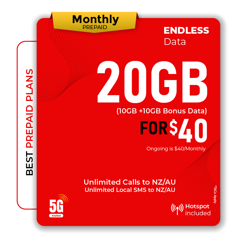TELSIM 10GB Monthly Prepaid Endless Data Plan with 5G data, unlimited AU NZ calls, SMS and hotspot access.