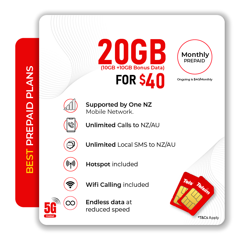 TELSIM 10GB prepaid mobile plan card featuring endless data, unlimited AU NZ calls, SMS and 5G hotspot benefits.