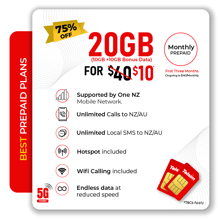 Monthly Prepaid Endless Data Plan features of unlimited AU NZ calls, unlimited local SMS, 5G hotspot on Telsim 10GB plan.