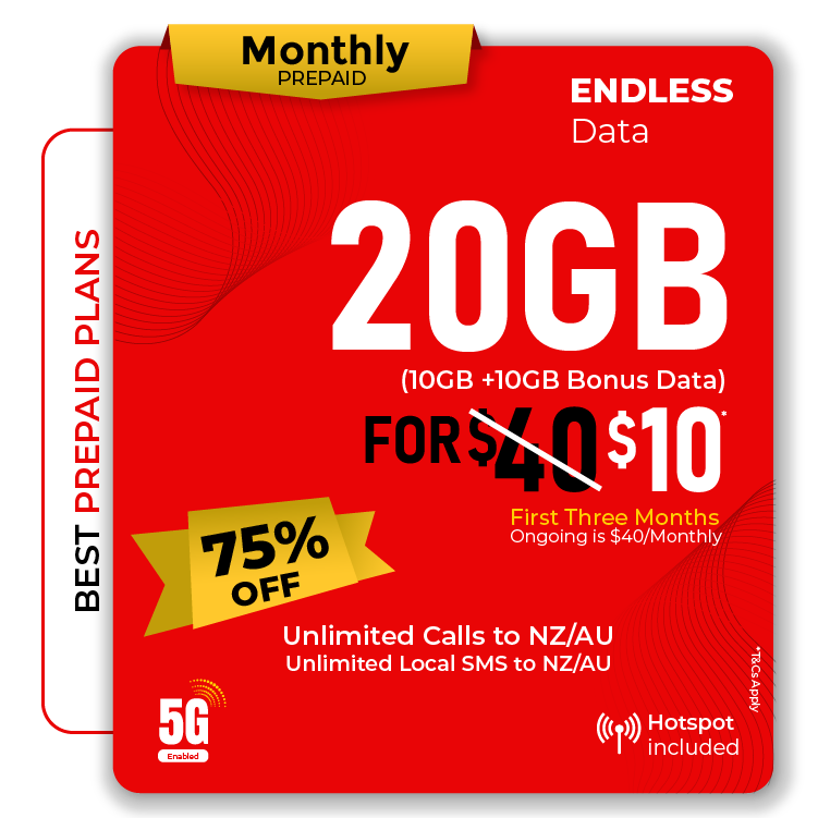 Telsim 10GB Monthly Prepaid Endless Data Plan, featuring unlimited AU NZ calls, unlimited local SMS, and 5G hotspot.