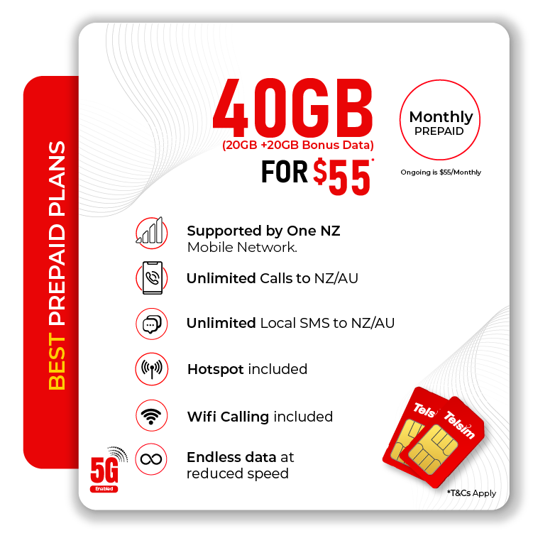 Monthly Prepaid Endless Data Plan features of unlimited AU NZ calls, unlimited local SMS, 5G hotspot on Telsim 20GB plan.