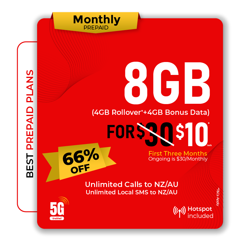 TELSIM NZ 4GB prepaid SIM plan with bonus data, rollover, unlimited NZ/AU calls, hotspot and 5G.
