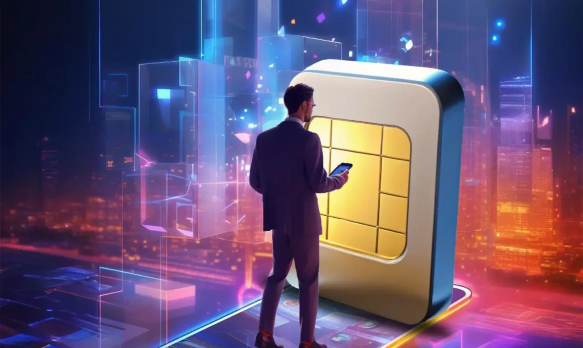 Image shows a man standing before a large SIM card with a digital cityscape in the background, symbolizing mobile connectivity.