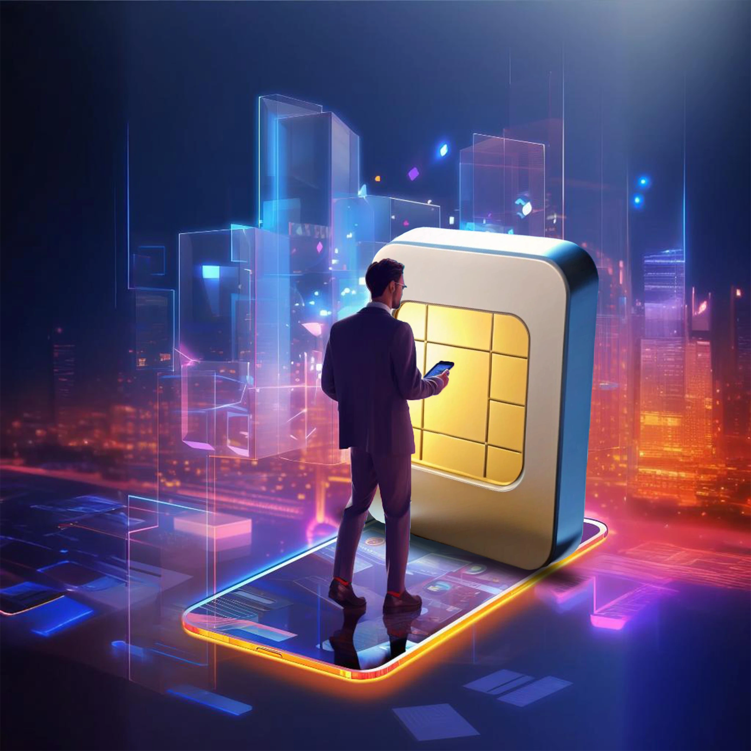Image shows a man standing before a large SIM card with a digital cityscape in the background, symbolizing mobile connectivity.