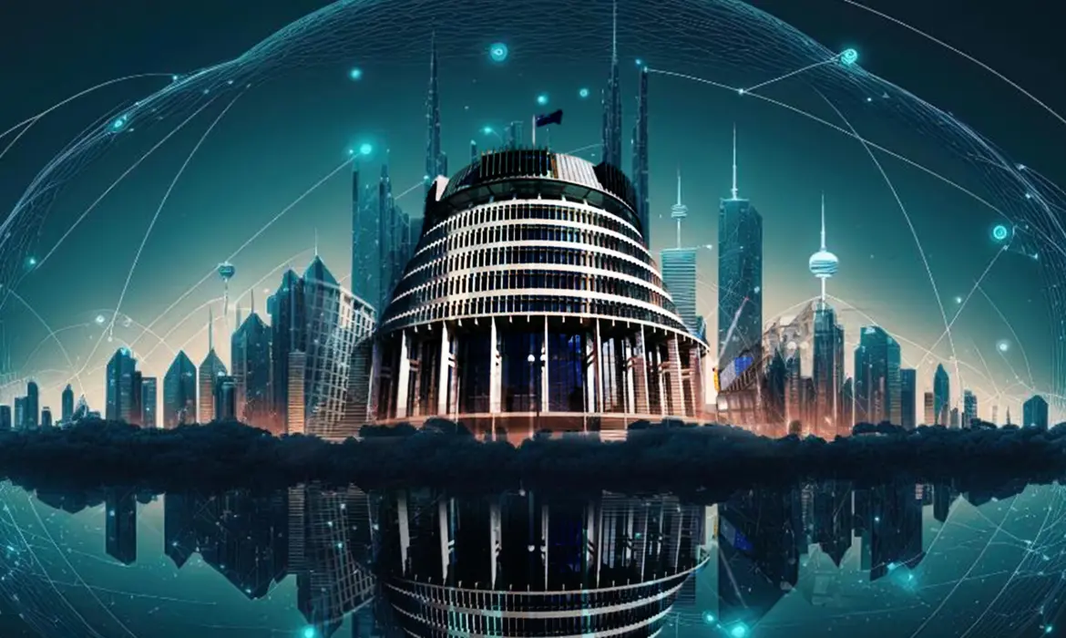 Cityscape with a central dome and surrounding skyscrapers, overlaid by a glowing digital network a connected smart city.