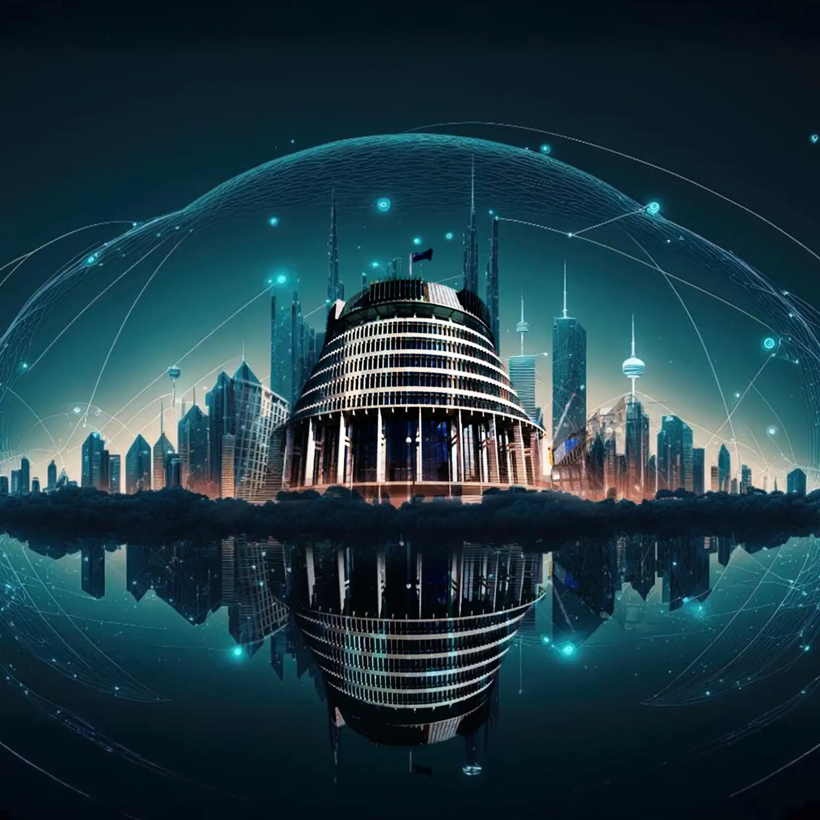 Cityscape with a central dome and surrounding skyscrapers, overlaid by a glowing digital network a connected smart city.