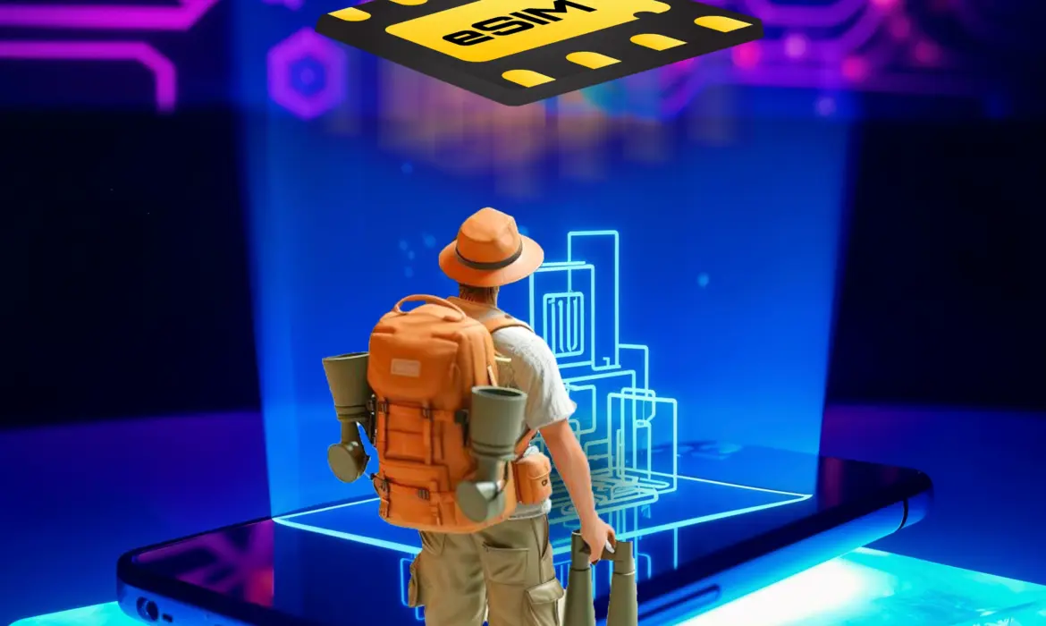 A traveler stands before a smartphone, holographic city, with a floating eSIM card above, representing connectivity for explorers.