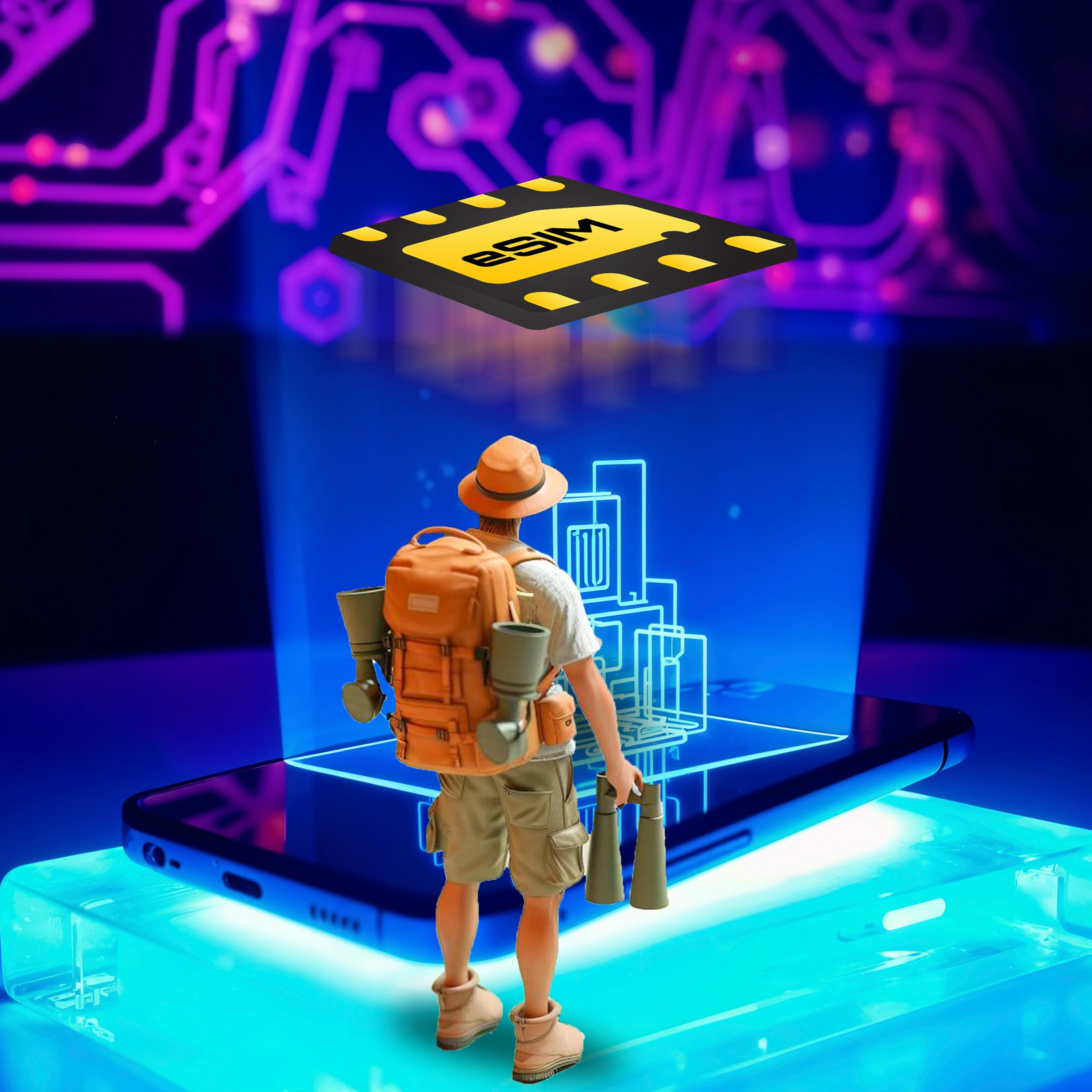 A traveler stands before a smartphone, holographic city, with a floating eSIM card above, representing connectivity for explorers.