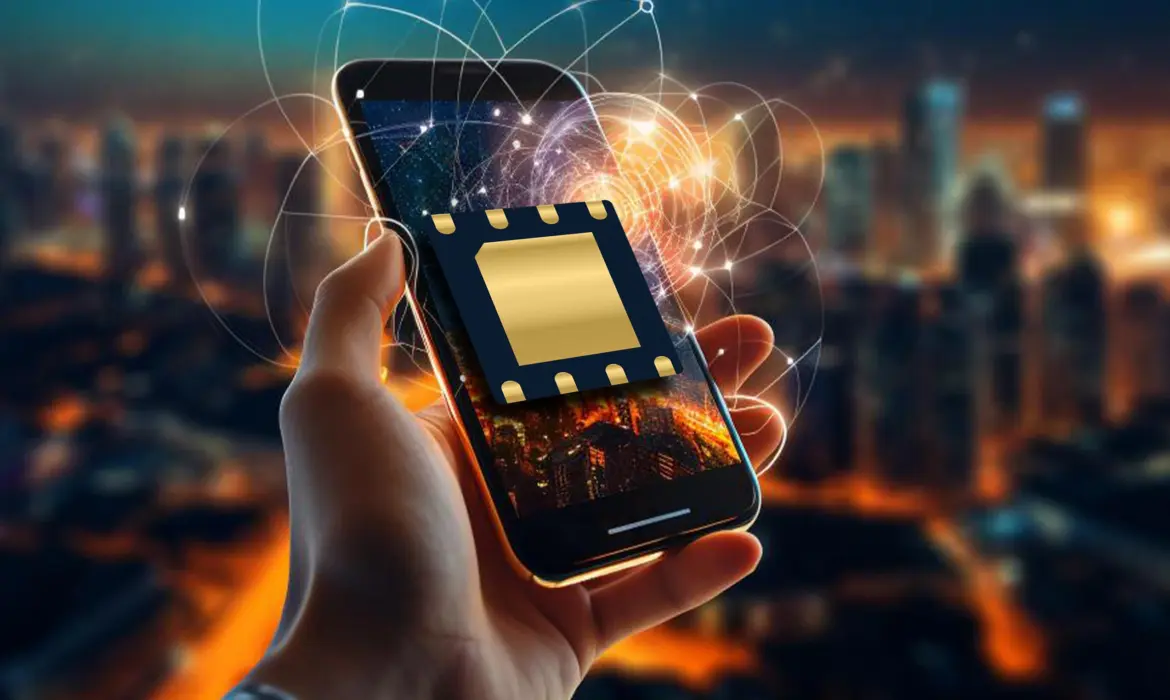 Hand holding a smartphone with digital circuit overlay, representing advanced mobile technology in a smart city at night.