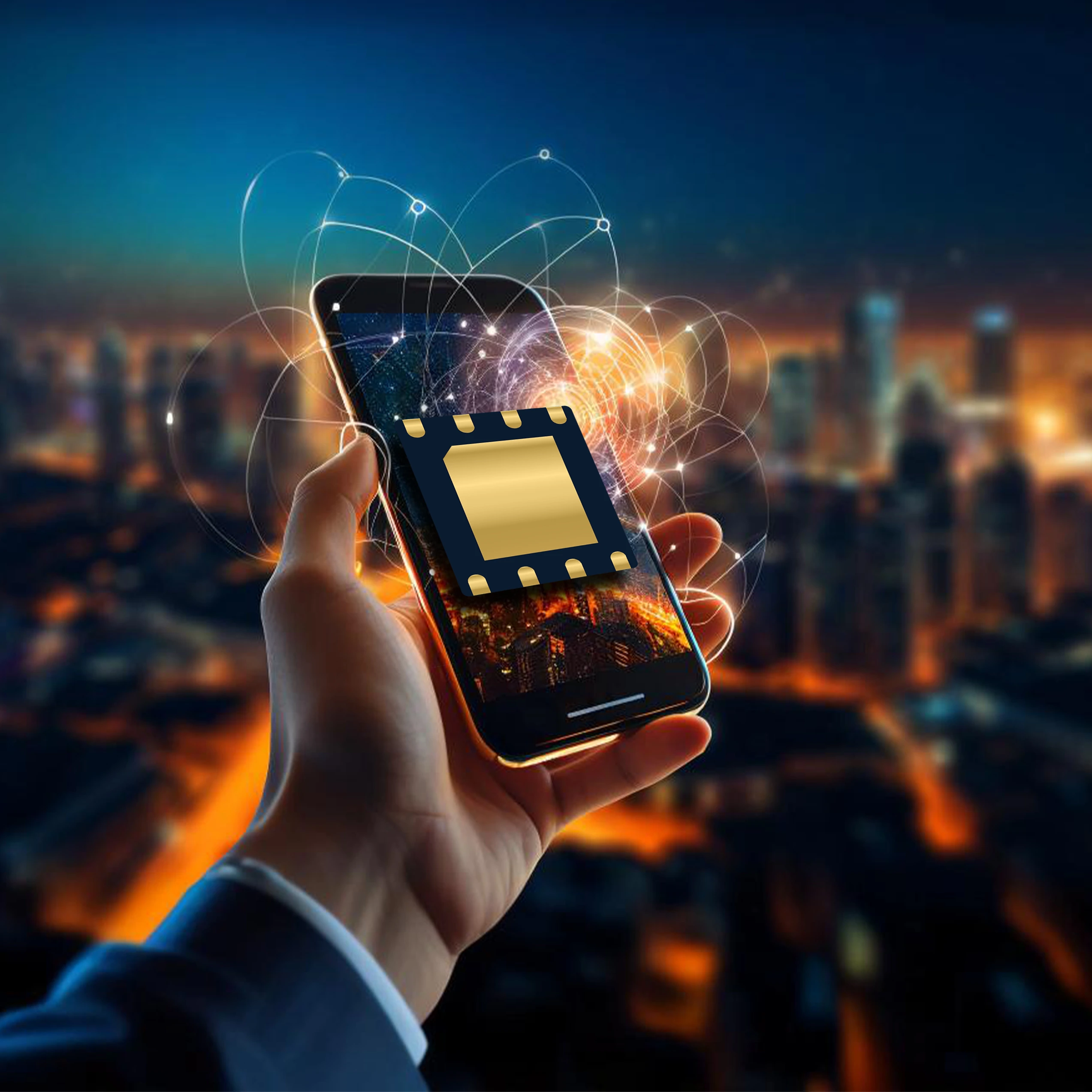 Hand holding a smartphone with digital circuit overlay, representing advanced mobile technology in a smart city at night.
