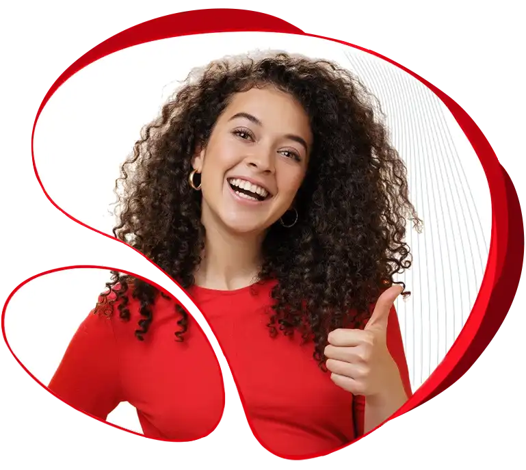 Connect with eSIM New Zealand Prepaid Plans A Smiling woman in red dress giving thumbs up for eSIM New Zealand prepaid mobile plans.