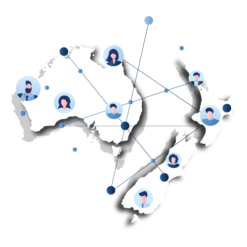 Digital network map of New Zealand and Australia showing seamless connectivity with Telsim NZ’s unlimited data and calling plans.