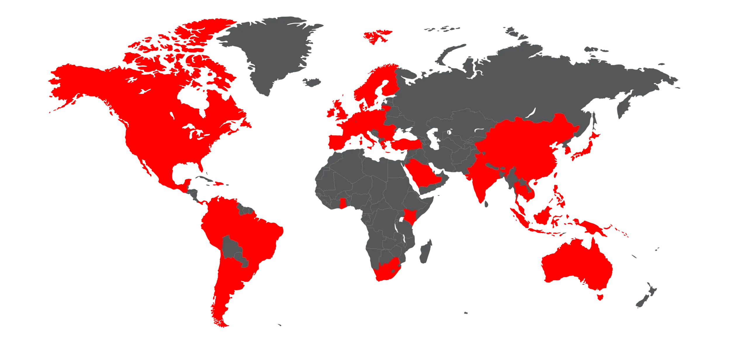 World map with countries highlighted in red to show international roaming coverage